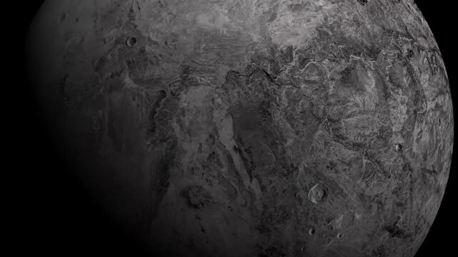 Close up of a  Haumea fictional alien planet surface rotating in deep space.
