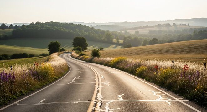Winding road through rural landscape