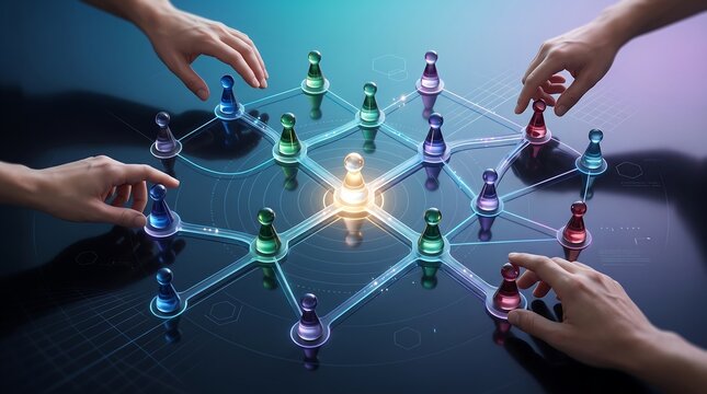 Diverse team collaborating on interactive tabletop display moving glass game pieces across a glowing digital network grid representing strategic project management and business decision process