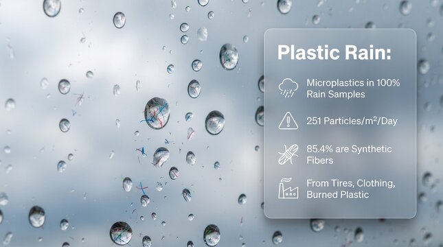 Plastic rain infographic illustrating microplastics present in atmospheric precipitation and rainwater drops with water drops air quality microplastics rainwater precipitation infographic