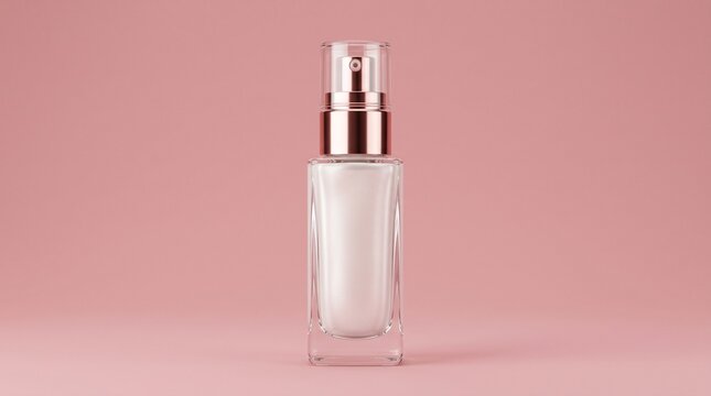 Clear makeup primer bottle on pink background for beauty products