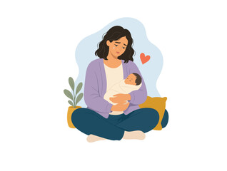 Fototapeta premium New Mother Holding Her Baby with Love and Emotional Stress, Postpartum Motherhood Illustration