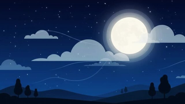 Full moon shining in the night sky with drifting clouds and subtle wind lines loop animation