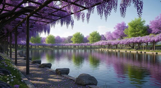 Wisteria blossoms over water