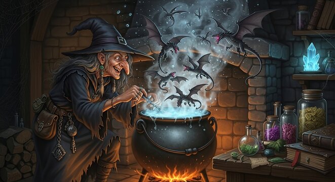 Witch brewing potion in cauldron fantasy illustration