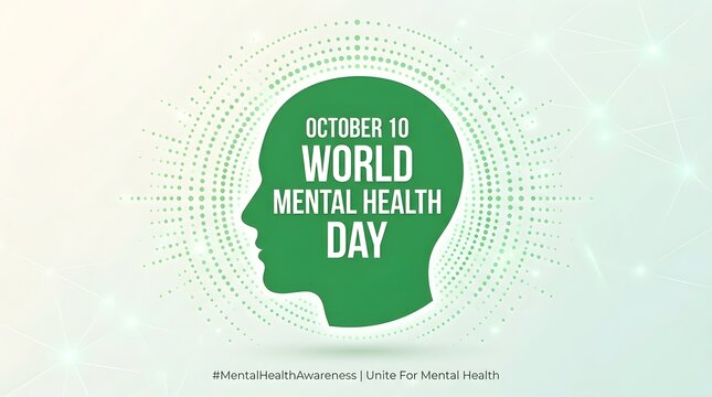 World Mental Health Day awareness poster with green human head silhouette