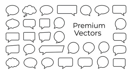 Fototapeta premium Modern outline speech bubbles vector set with diverse shapes perfect for communication, chat interfaces, and thought expression on a clean white background.