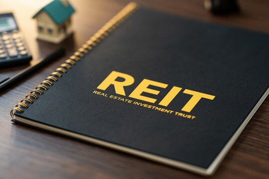 Black notebook displaying REIT acronym on wooden desk