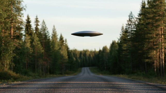 Sleek UFO hovering above empty forest road