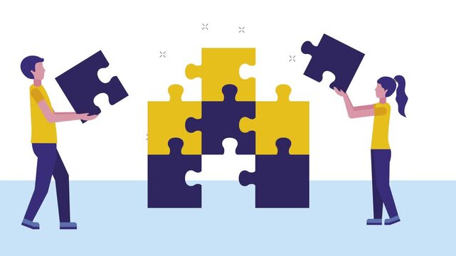 Teamwork and problem solving concept animation with man and woman holding puzzle pieces together for business cooperation.
