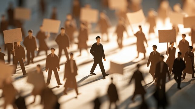 Man walking alone among crowd holding signs