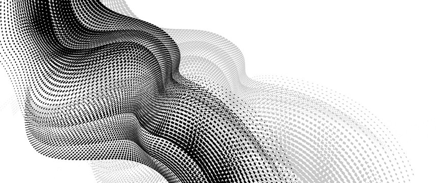 Black halftone dot wave pattern. Abstract grain fluid texture background. Dotted grit curve wallpaper. rasterized undulate swoosh overlay for poster, booklet, banner, brochure, flyer, leaflet. Vector