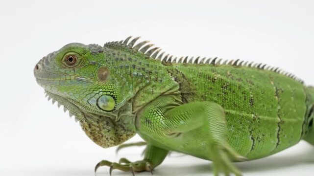 Fascinating green iguana flicking tongue on white background for exotic tropical reptile concept