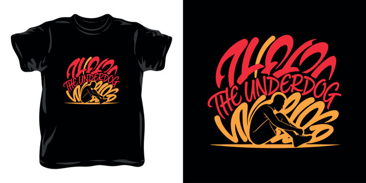 Retro underdog typographic vector design on black t-shirt mockup with runner silhouette tying shoelaces.