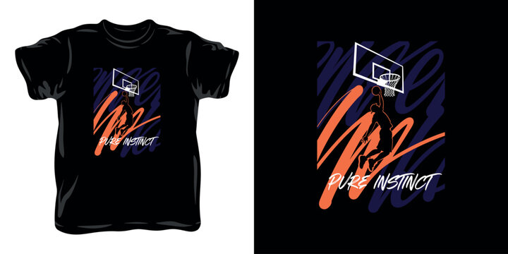 Pure instinct t-shirt design featuring a basketball player dunking with abstract brush strokes for sports enthusiasts.