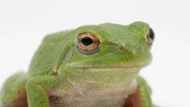 Cute green tree frog sitting calmly on white background for tropical wildlife conservation concept