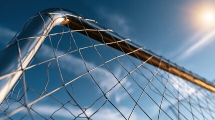 Fototapeta premium Close up soccer goal net against blue sky