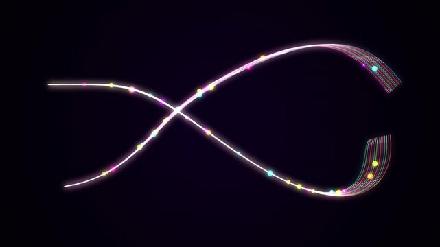 Ethereal infinity symbol formed from glowing multicolored light ribbons. Abstract endless loop design with soft pastel and vibrant rainbow hues against deep black background. Luminous continuous