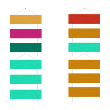 Colorful wooden signs hanging on strings on transparent background