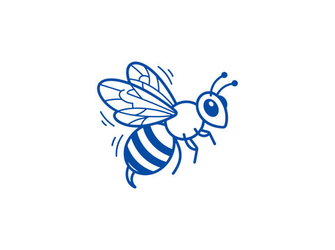 Stylized blue bee flying line art icon, simple cartoon wasp illustration isolated