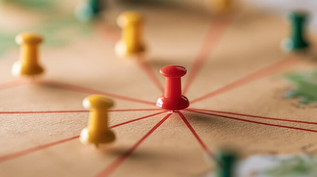 red pushpin center with strings connecting to yellow