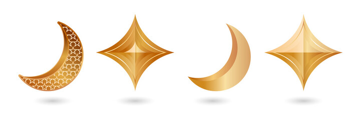 Golden crescent moon and star icons for luxury design on transparent background © Mahmuda