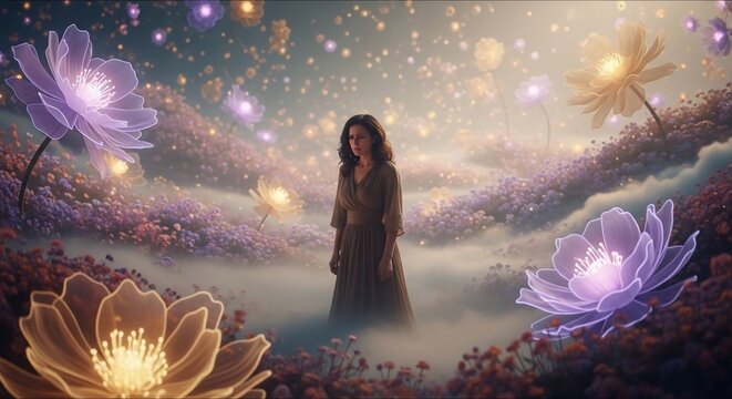 Woman amid fantasy floral environment