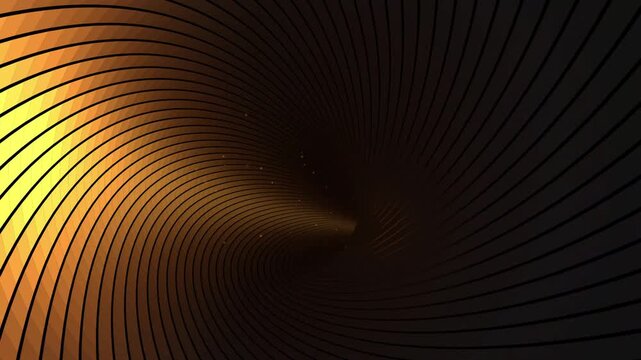 Abstract gold tunnel background. Glowing golden vortex loop. Warm orange curved lines. Mystical energy rays animation. Futuristic optical illusion.