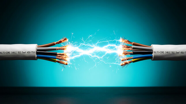 Electrical arcs between broken copper wires, blue background