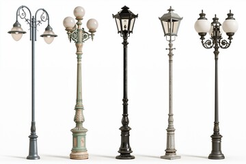Naklejka premium Five ornate vintage street lamps displayed against white