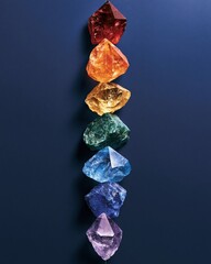 Obraz premium Vertical arrangement of colorful translucent gemstones against dark
