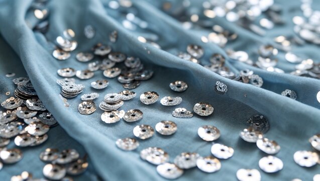 Light Blue Fabric Covered with Silver Sequins for Party or Fashion Design