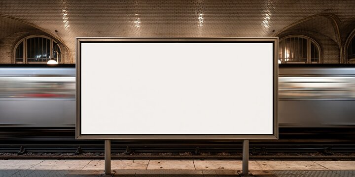 Empty billboard frame on subway platform with blurred