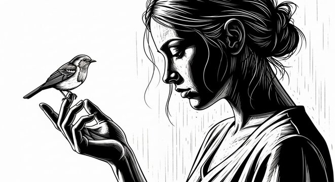 Woman and bird monochrome illustration