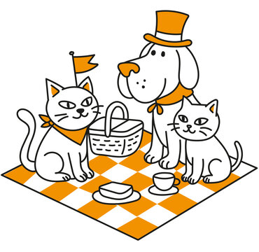 Icono de perros y gatos disfrutando de un picnic juntos sobre un mantel a cuadros naranja. Fondo transparente. 