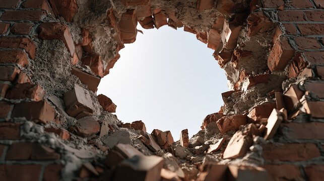 Hole in damaged brick wall revealing bright sky