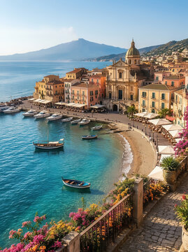 Artistic composite of Cefal?, a picturesque coastal town in Sicily, with the active Mount Etna volcano dramatically rising in the background, combining two iconic Sicilian landscapes.