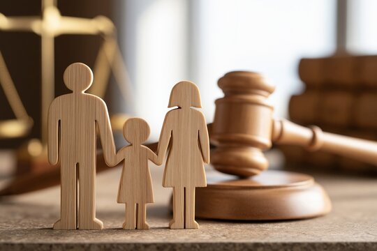 Wooden family figures stand beside judge gavel and