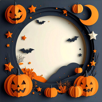 Halloween paper cut frame background with pumpkin jack o lantern and bats