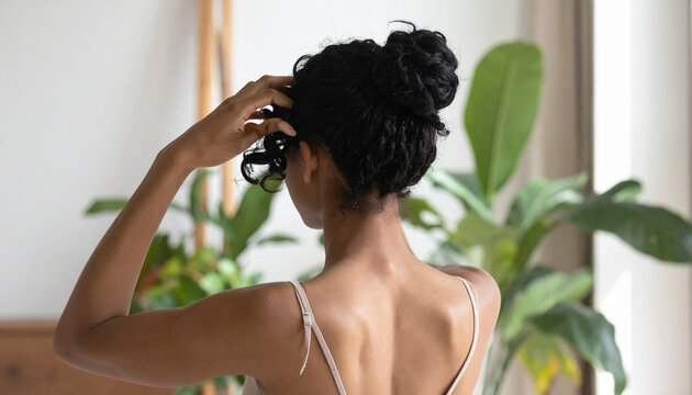Woman arranging hair indoors
