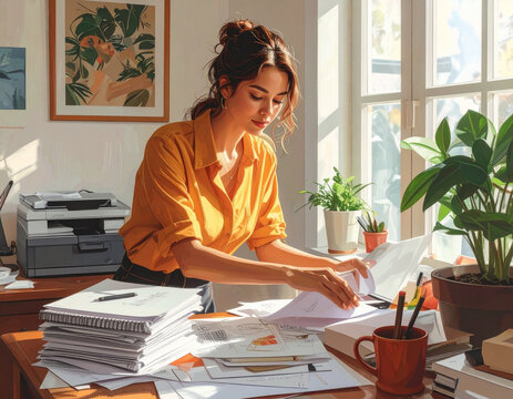 Woman arranging papers at a desk