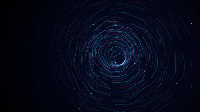 Motion graphics star trails vortex tunnel. Time lapse sky footage with rotating planets, abstract cosmic loops in deep blue space background for technology, music, and science visuals