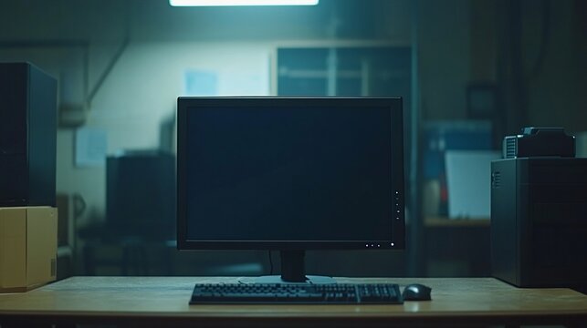 Um monitor de computador est&aacute; sobre uma mesa em um escrit&oacute;rio pouco iluminado.