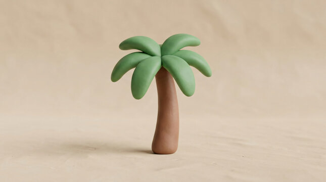 A small minimalist palm tree made of clay on a beige textured background.