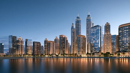 Naklejka premium Modern city skyline reflecting in calm water at