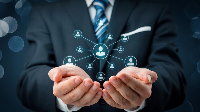 A businessman in a suit holding an abstract network of people in his hands, symbolizing connection and organization