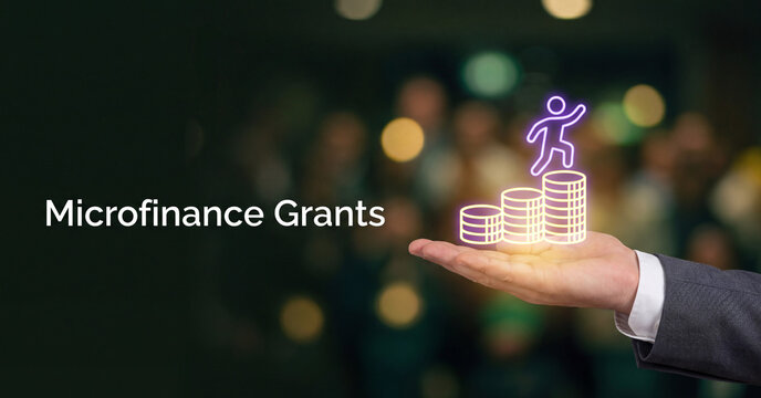 Microfinance grants represented by a business person holding glowing neon coins and a climbing human icon for financial growth, investment banking, and corporate funding success