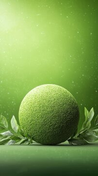 Lush Green Sphere Surrounded by Fresh Leaves on a Soft Green Background with Gentle Light Sparkles