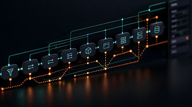 Software architecture workflow sequence displaying glowing application icons representing cloud infrastructure and database management systems