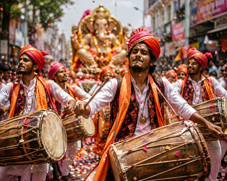 Indian men playing dhol drums in traditional saffron turbans during Ganesh Chaturthi street festival procession